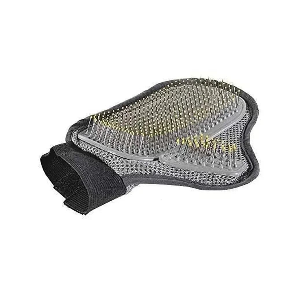 Grey pet grooming mitt with heart-shaped needle bristle area and black wrist cuff