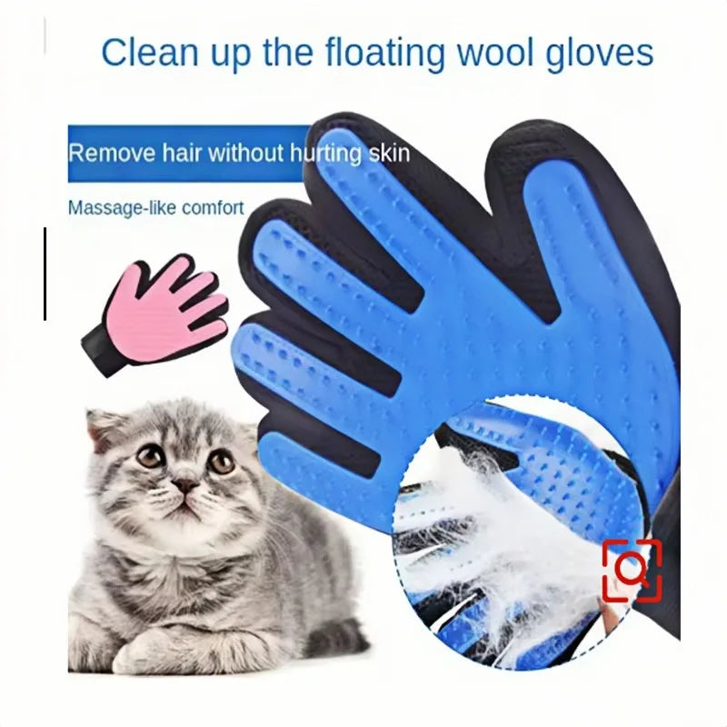 Blue and black silicone grooming glove with raised massage nubs for hair removal