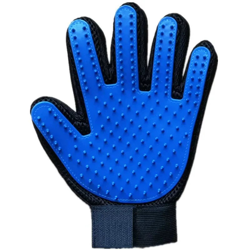 Blue silicone grooming glove palm with raised nubs and black fabric wrist strap