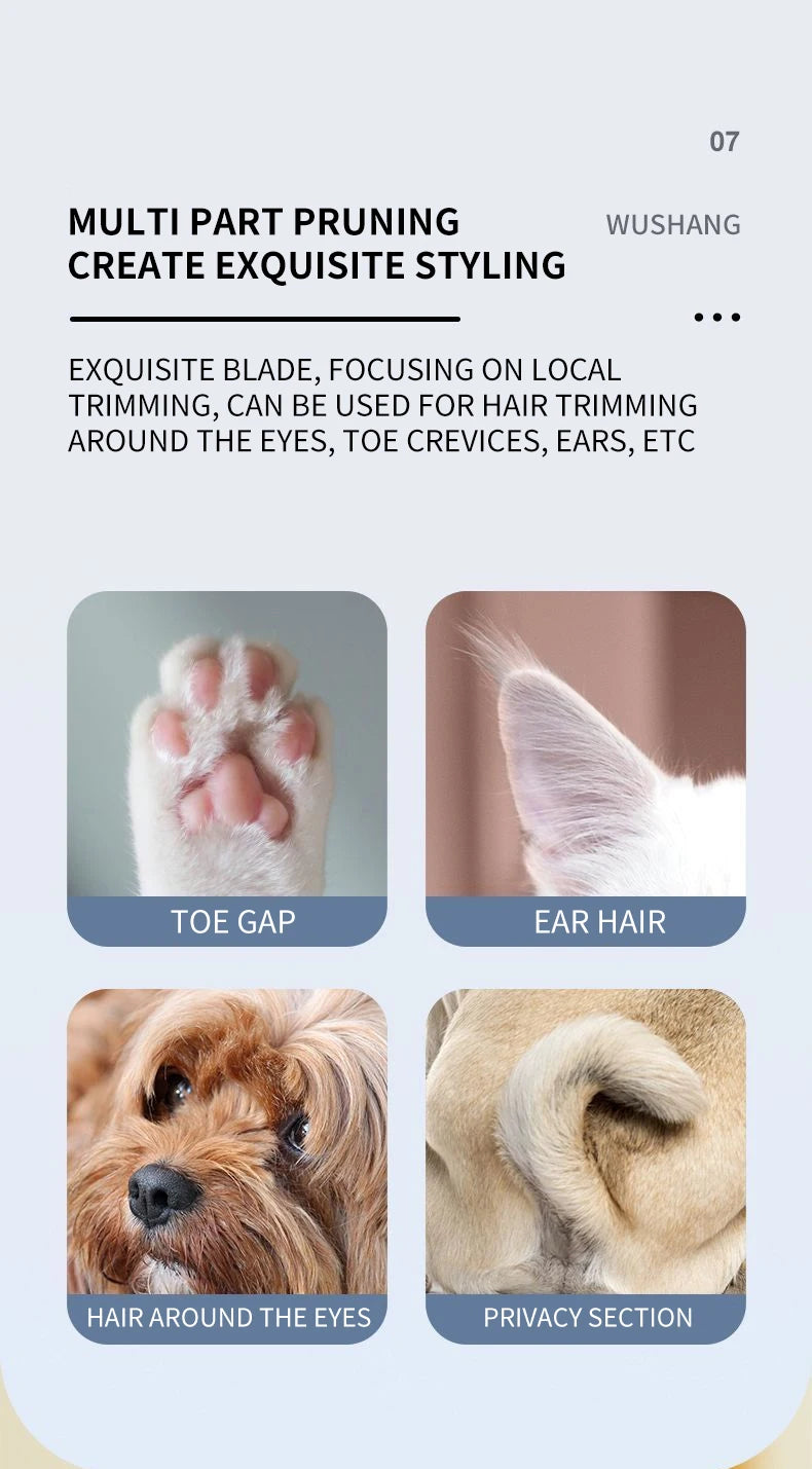 Electric pet grooming trimmer with precision multi-part trimming head for facial areas
