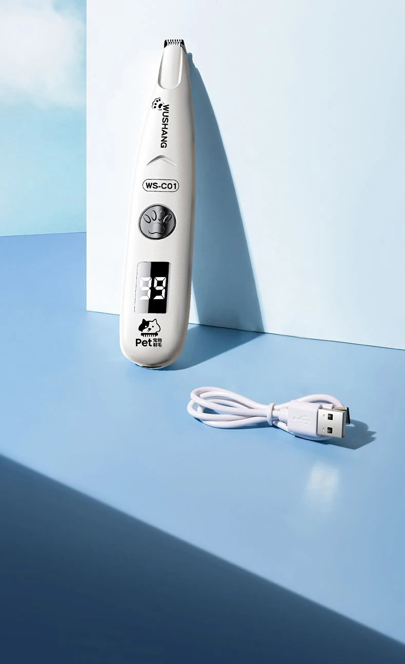 White pet grooming electric trimmer with LED light and charging cable