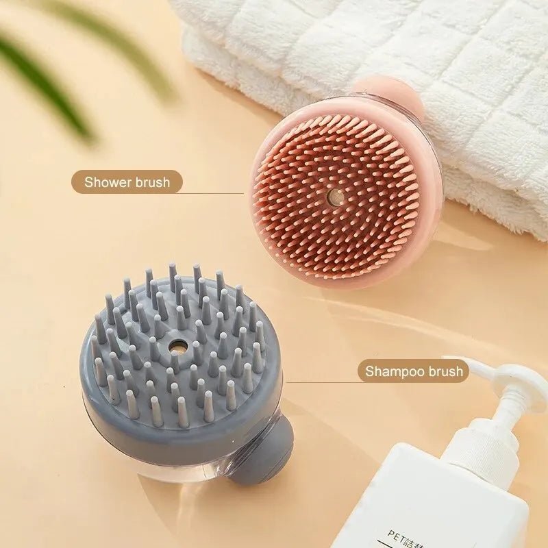 Pink and grey shower pet brush heads with soft silicone bristles and central holes