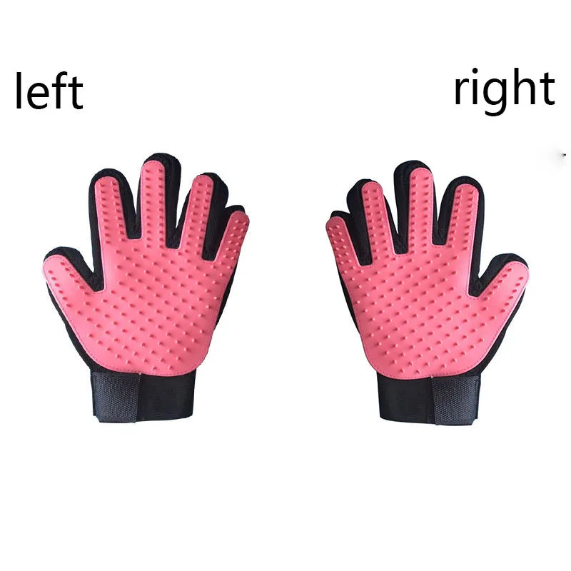 Silicone grooming glove pair in pink, left and right hands with silicone nubs.