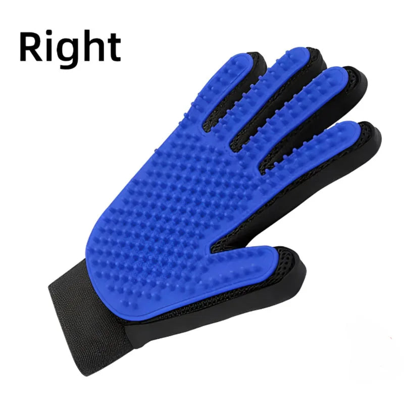 Blue silicone grooming glove with black trim and raised bristle channels