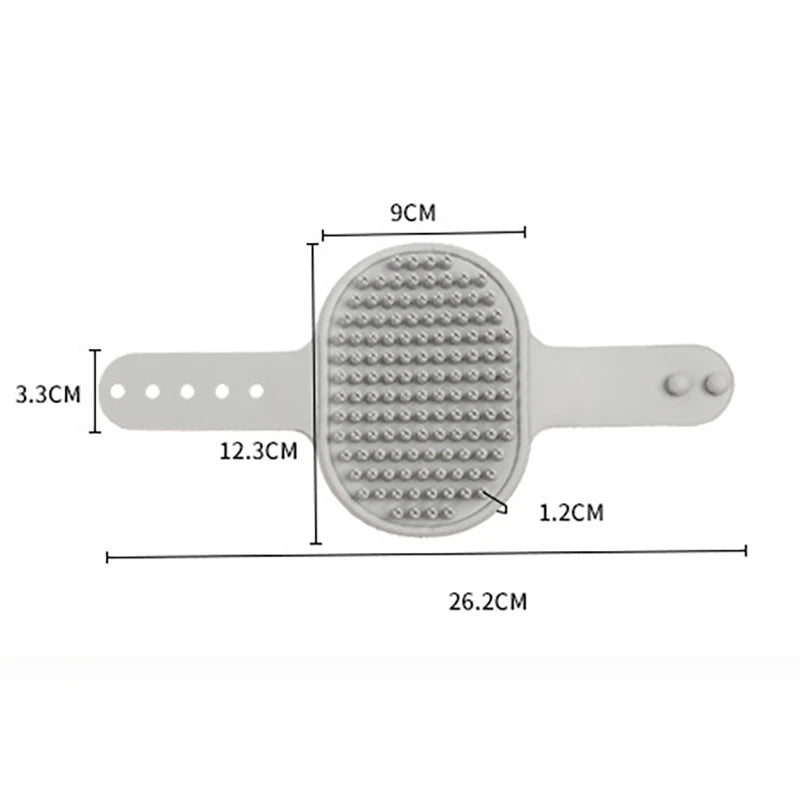 Rubber grooming comb brush with oval textured head and side grip handle; size guide