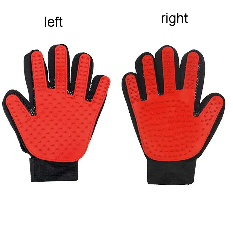 Red silicone grooming glove pair with black wrist straps and massage nubs
