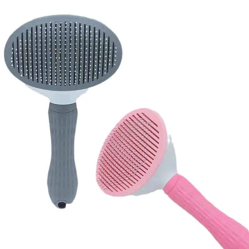 Pink pet comb brush with round metal pins on a long handle