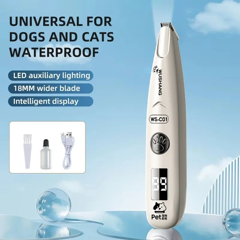 Pet dog electric groomer trimmer with LED light, white body, detail view