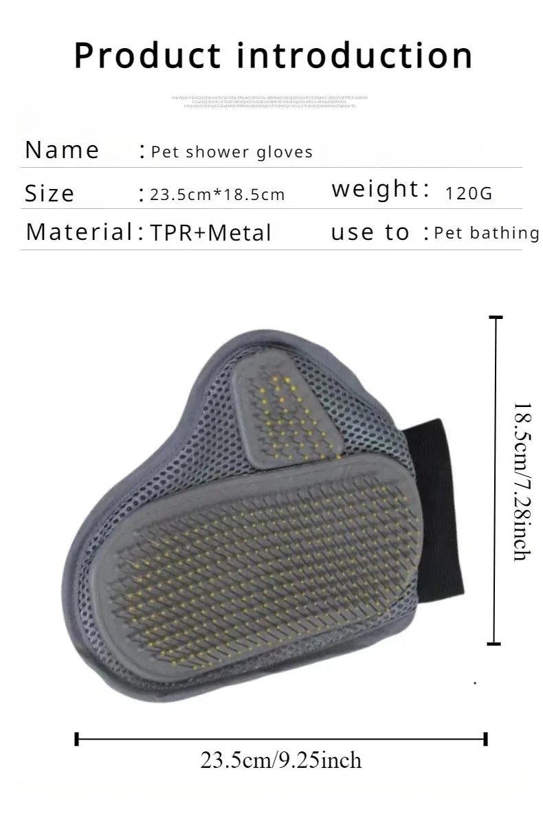 Grey pet grooming mitt, heart-shaped bristle pad with black elastic wrist strap