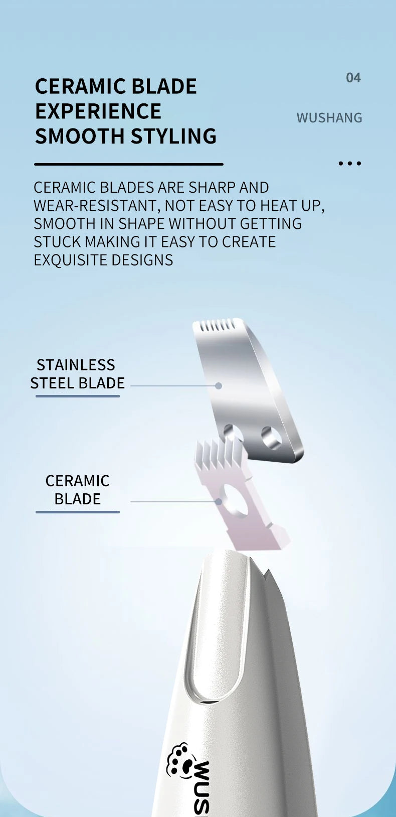 White ceramic-blade electric pet grooming trimmer with stainless steel blade