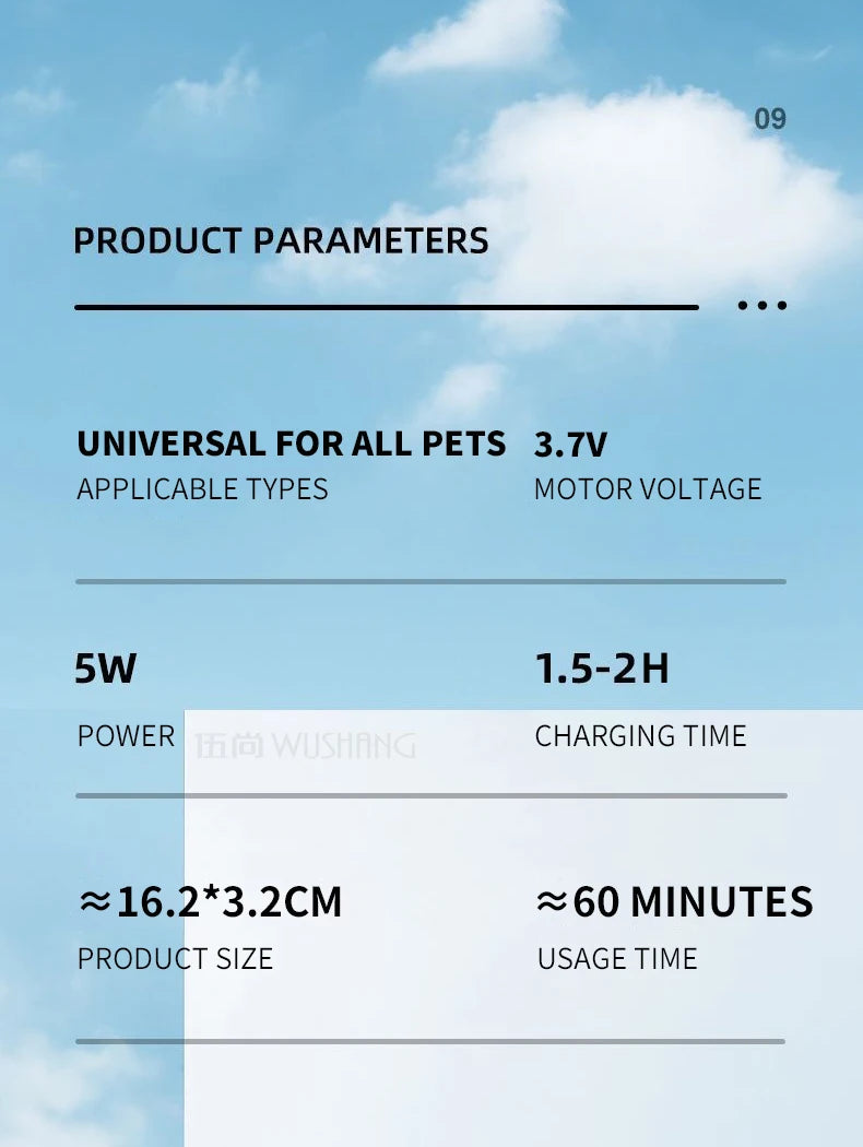 Pet electric grooming trimmer specifications: 3.7V motor, 5W power, ~1.5–2h charging