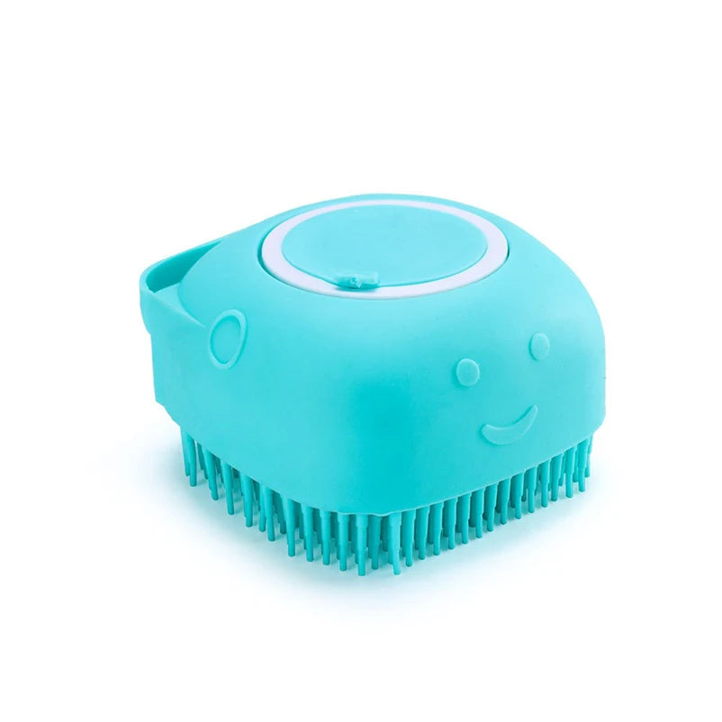 Teal pet bath massage glove with circular top cap and rubber massage bristles