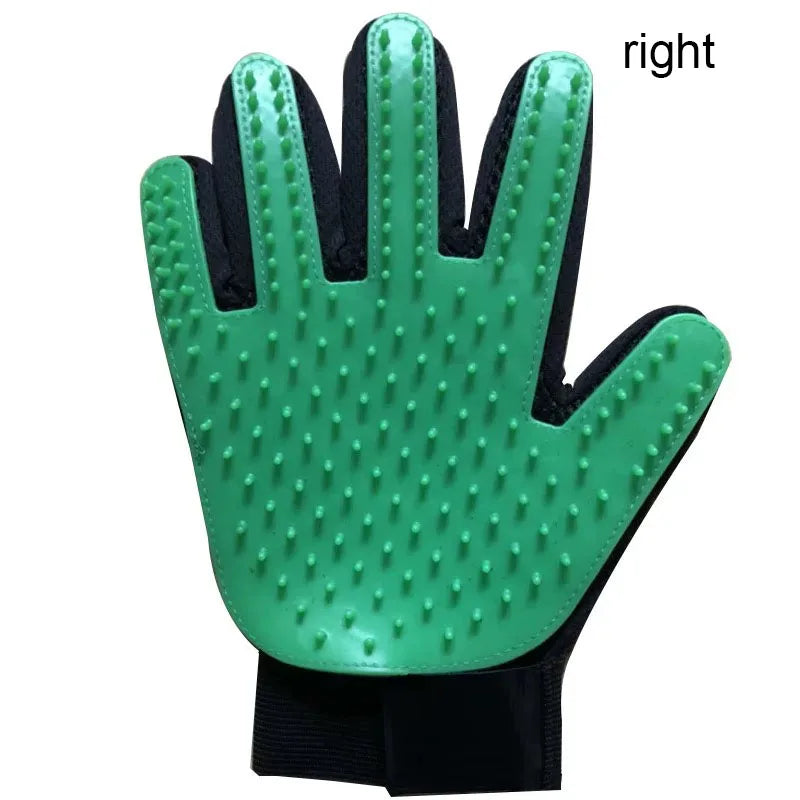 Silicone grooming glove in green, right hand, silicone nubs and wrist strap.
