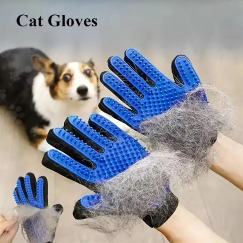 Blue silicone pet grooming glove with finger massage tips and gray shed fur on top