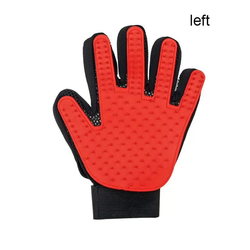 Red silicone grooming glove with black wrist strap and massage nubs
