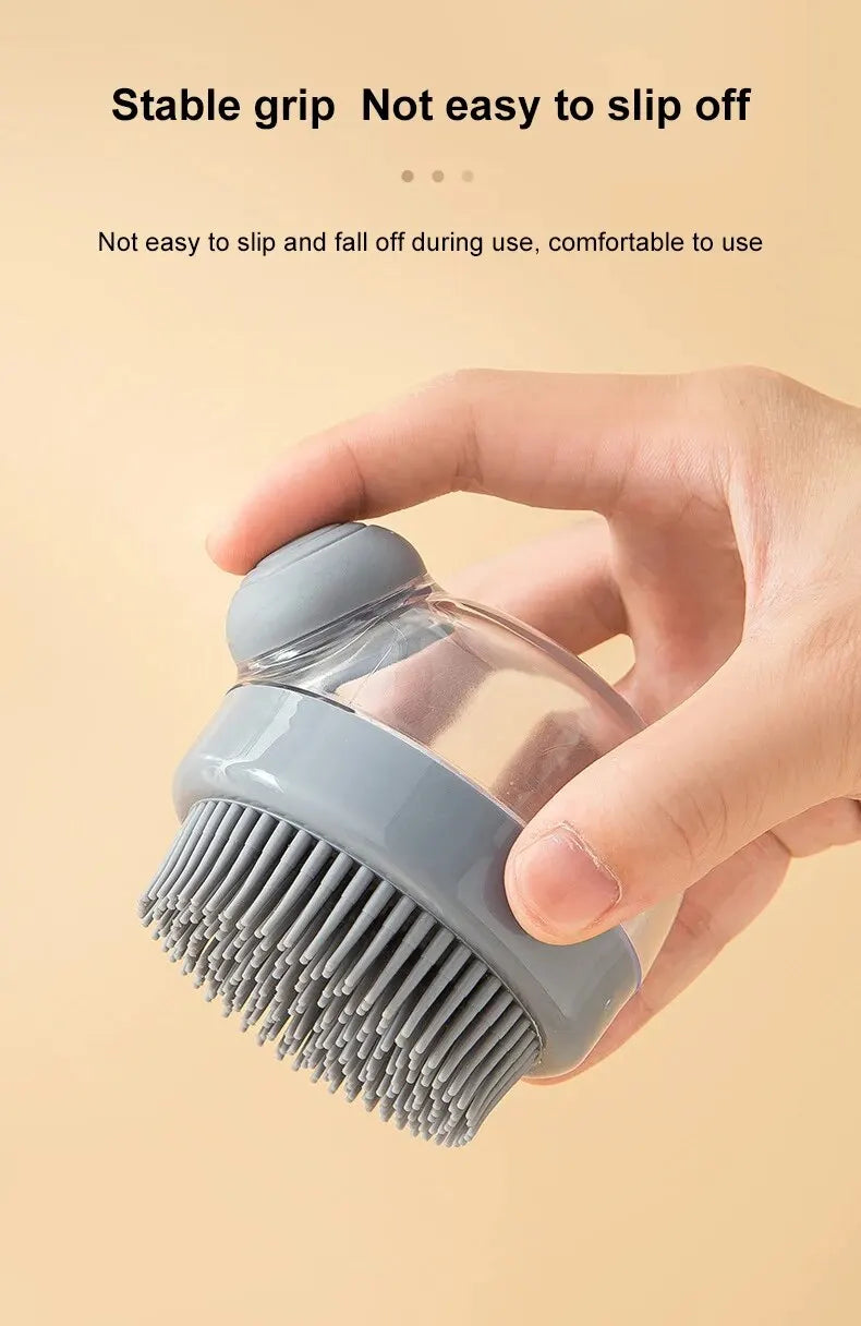 Grey silicone pet bath brush with stable grip and short massage bristles