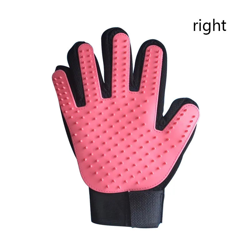 Silicone grooming glove in pink, right hand, silicone nubs and wrist strap.