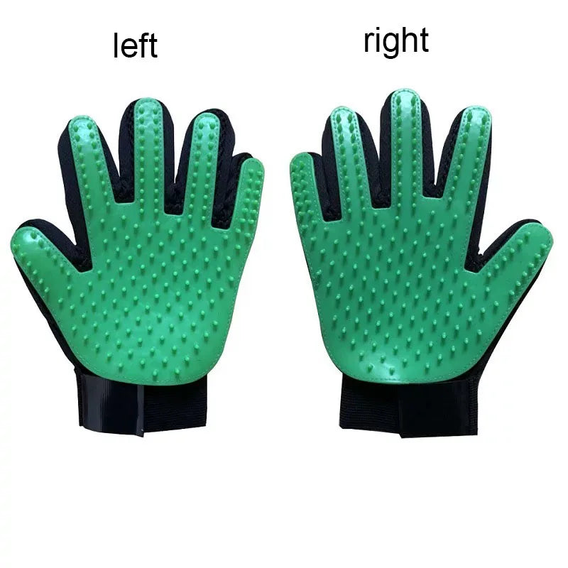 Green silicone grooming glove pair with black wrist straps and massage nubs