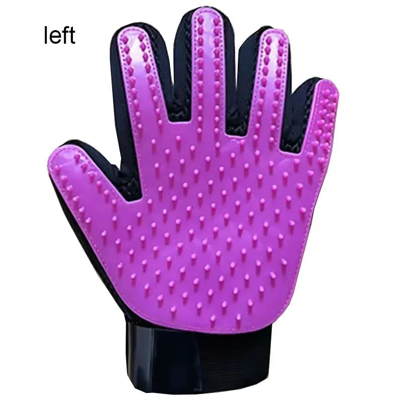 Silicone grooming glove in purple, left hand, silicone nubs and wrist strap.