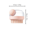Pink pet bath brush with transparent dispenser and soft bristle base
