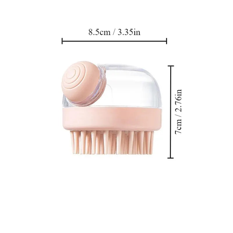 Pink pet bath brush with transparent dispenser and soft bristle base